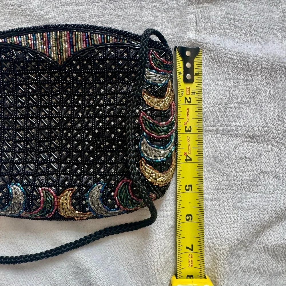 Vintage Beaded Evening Bag Black Multicolor Crescent Lattice Purse Made in Macau